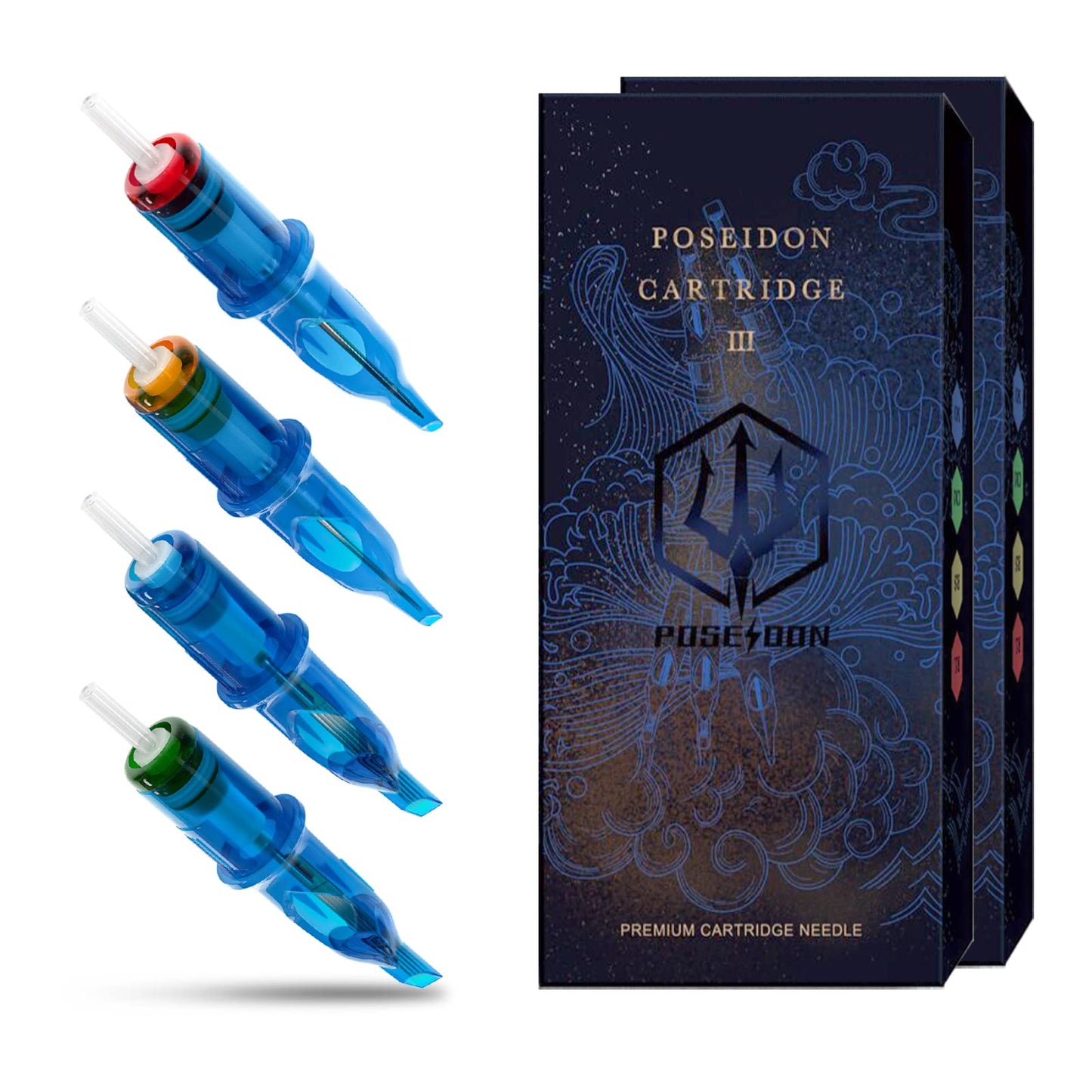 UPTATSUPPLY POSEIDON V3 Tattoo Cartridge Needles, 30 Count, Blue, Not Water Resistant, Adult, Curved/Round Magnum (1215RM), Compatible with All Rotary