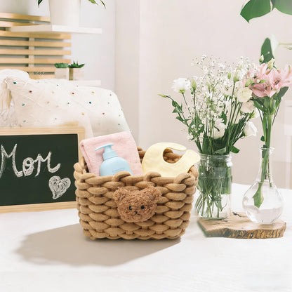 Woven Cotton Wicker Storage Basket with Bear Motif, White - Bathroom Organizer for Desk, Makeup Table, Cabinets, Bath, Kitchen Brown
