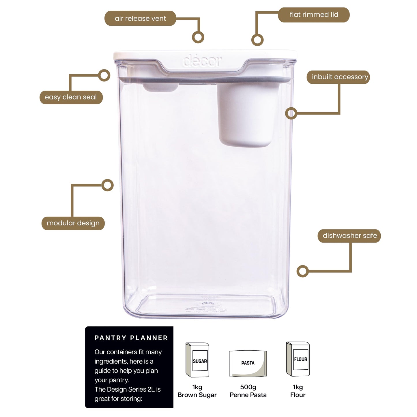 Décor Pantry Storage Container 2L with Quarter Cup Measure - Design Series, Airtight, BPA-Free, Modular Stackable, Dishwasher Safe, Australian Made