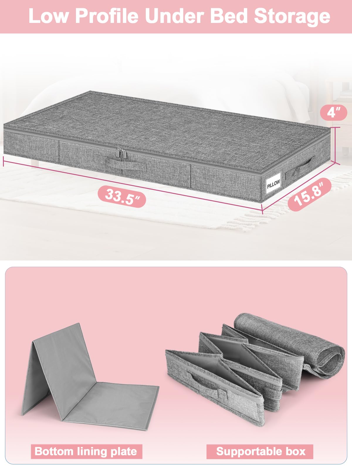 Low Profile Under Bed Storage Containers, 4" Tall Underbed Storage with Rigid Sidewalls & Bottom