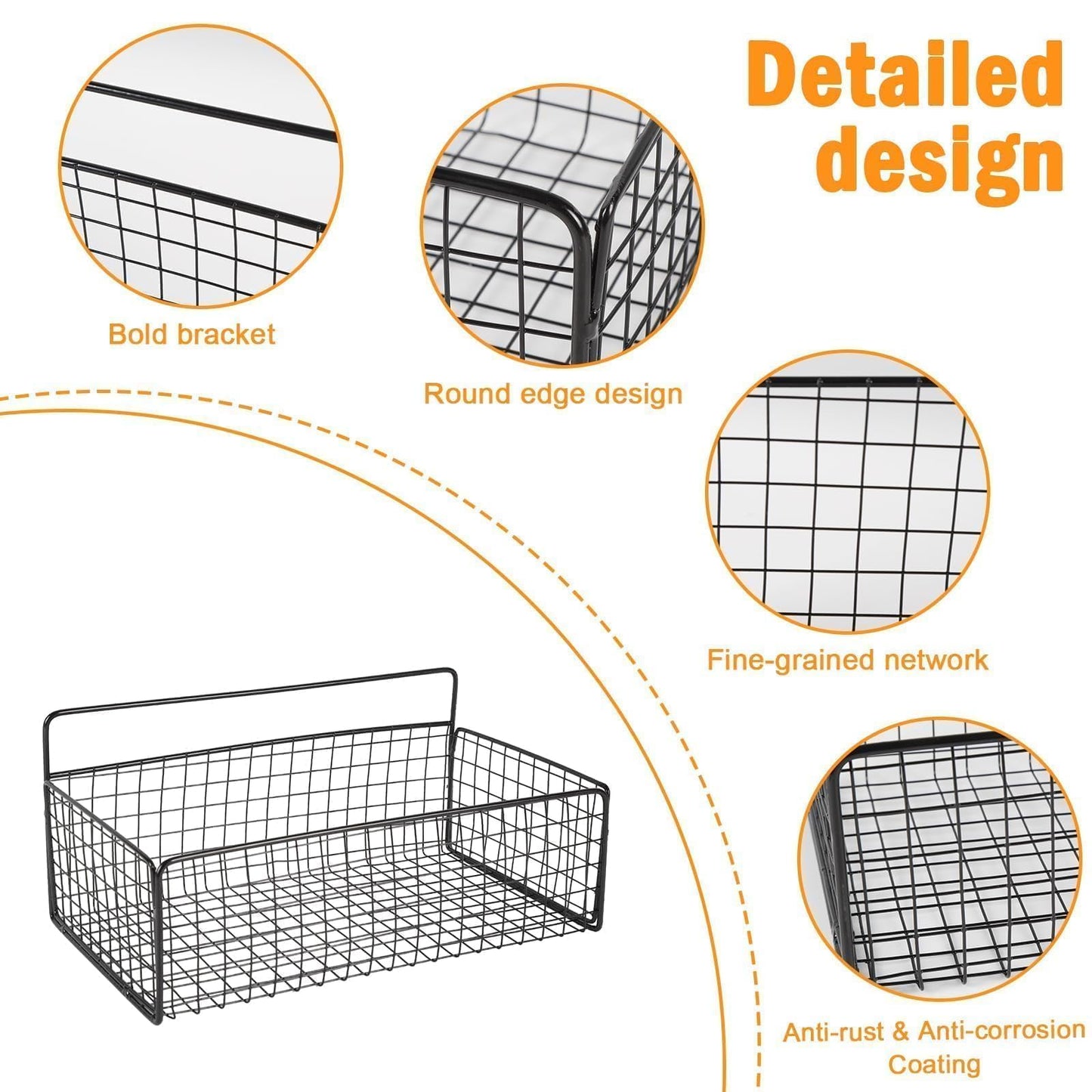 Punorric 2 Pack Snack Storage, Black Metal Wall Storage Baskets with 8 Hooks, No-Drill Snack Organiser for Snacks Cans Bars Chips Candy