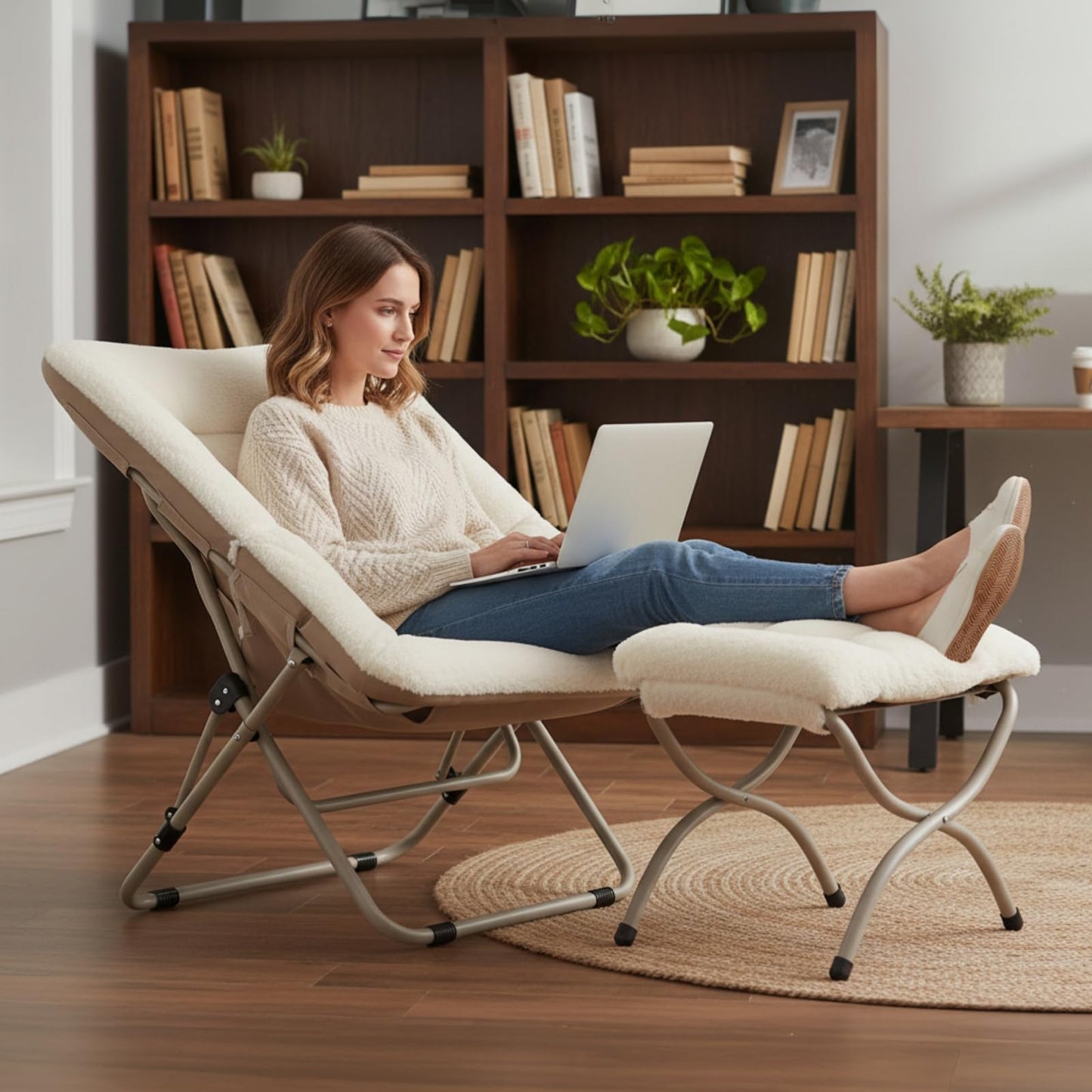 SESHINELL Comfy Saucer Chair With Ottoman - Oversized Foldable Faux Fur Lounge Set With Metal Frame Moon for Bedroom, Living Room, Dorm Rooms, Beige