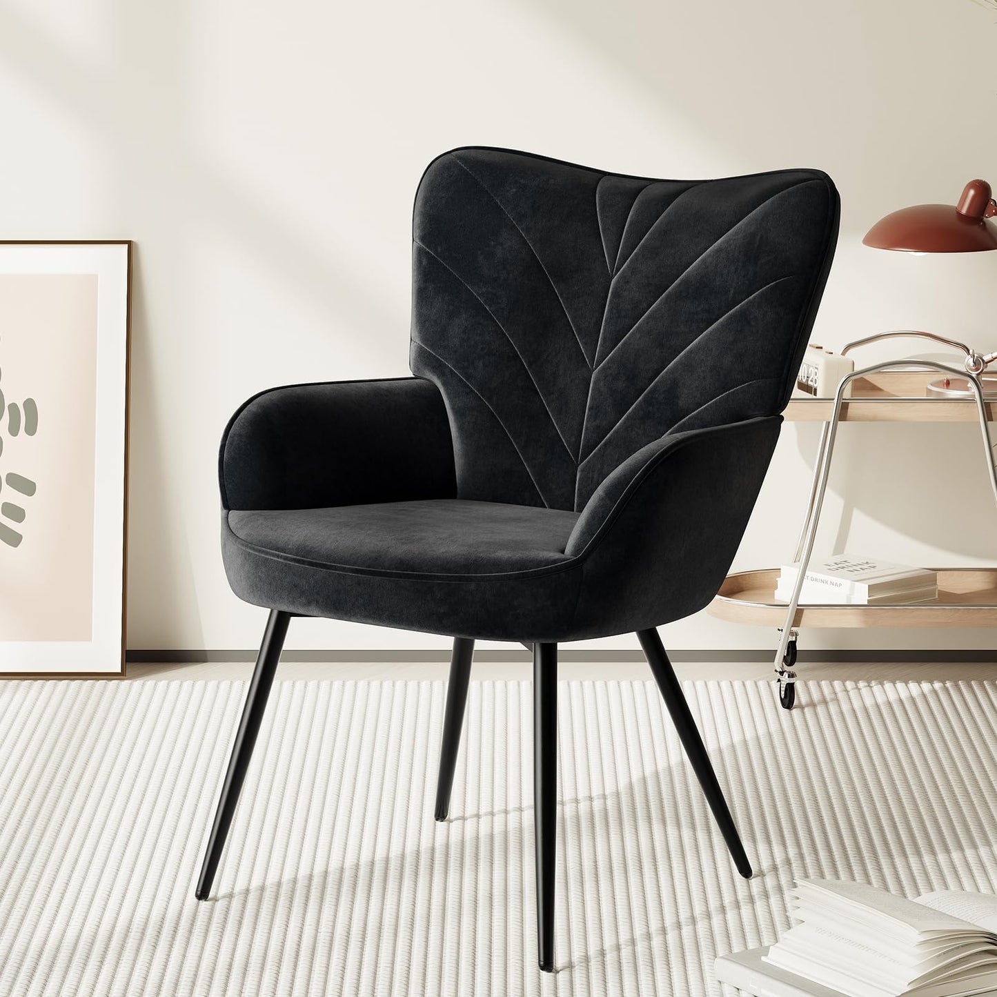 COLAMY Velvet Accent Chair with Black Metal Legs, Modern Armchair with Ergonomic Backrest