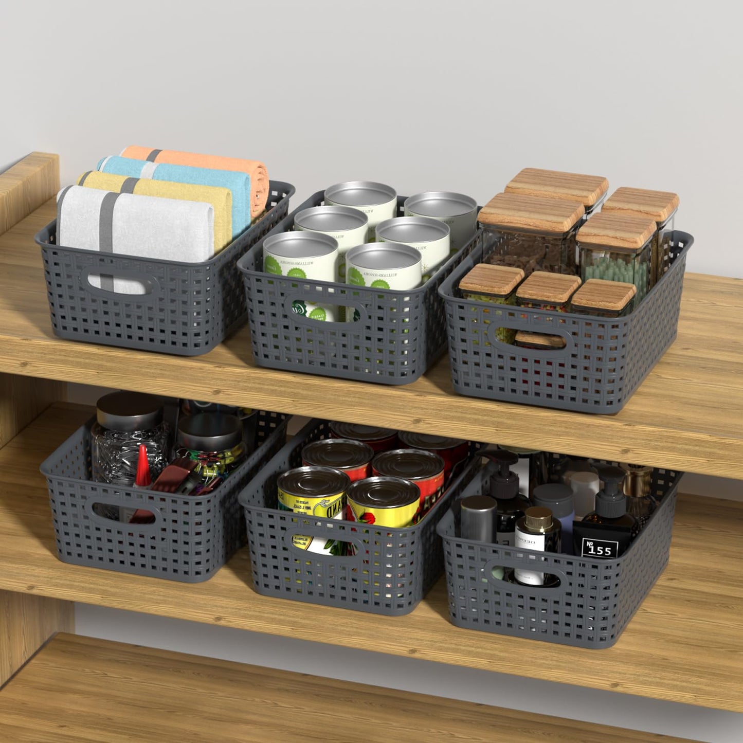 Ziglous 12-Pack Woven Storage Baskets, Small Plastic Organizer Basket, Grey