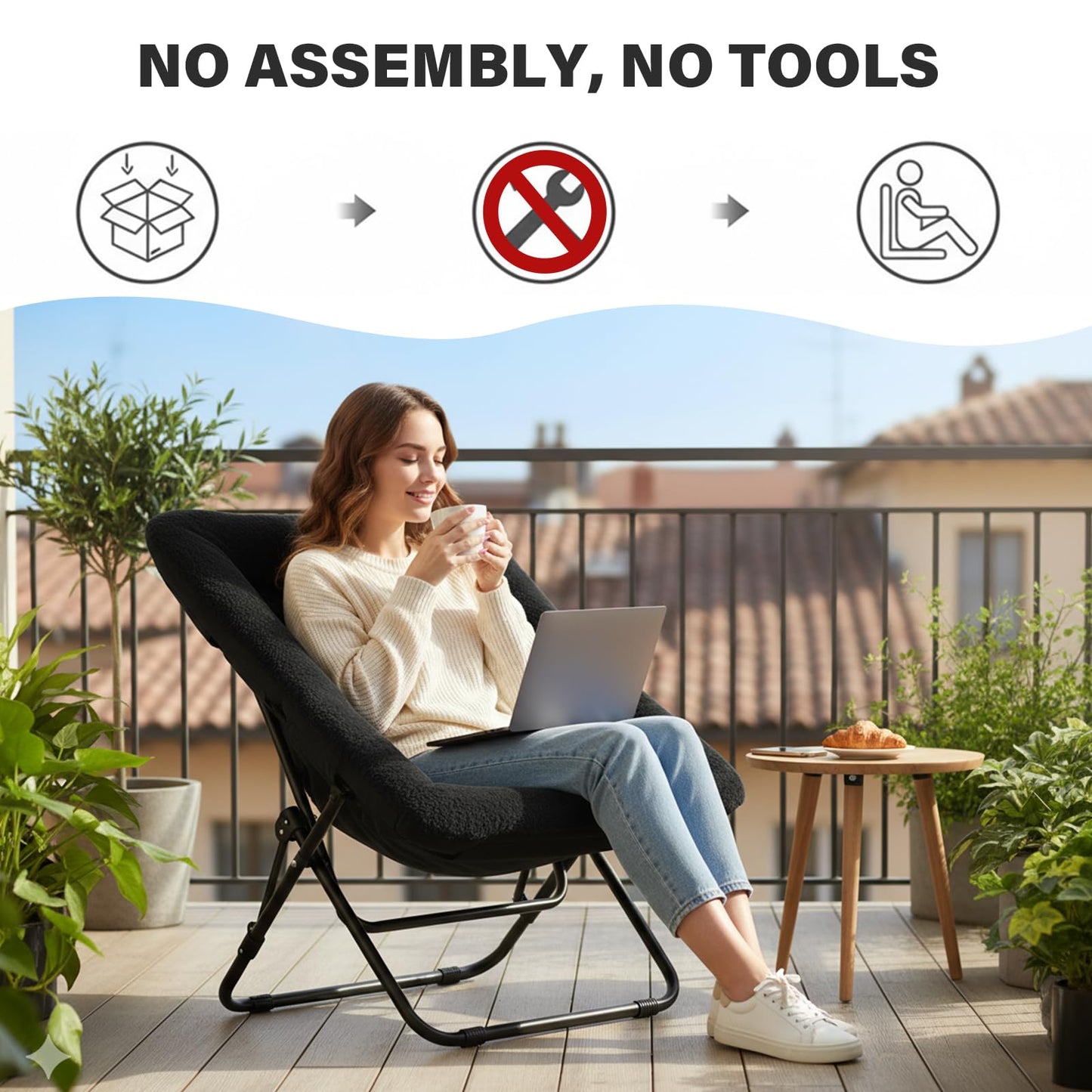 SESHINELL Comfy Saucer Chair, Oversized Foldable Faux Fur Accent Lounge Reading Lazy Chair with Metal Frame for Bedroom, Living Room, Dorm Rooms