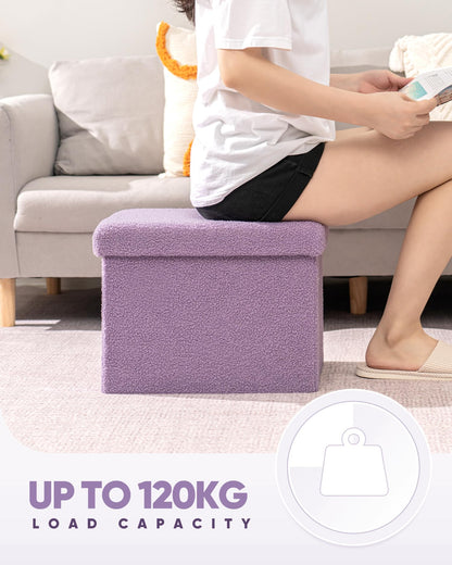 Bonlife Boucle Ottoman Seat with Storage,Folding Small Footstool for Living Room,Cube Toy Chest Box,Foot Rest,Purple,42x32x32cm
