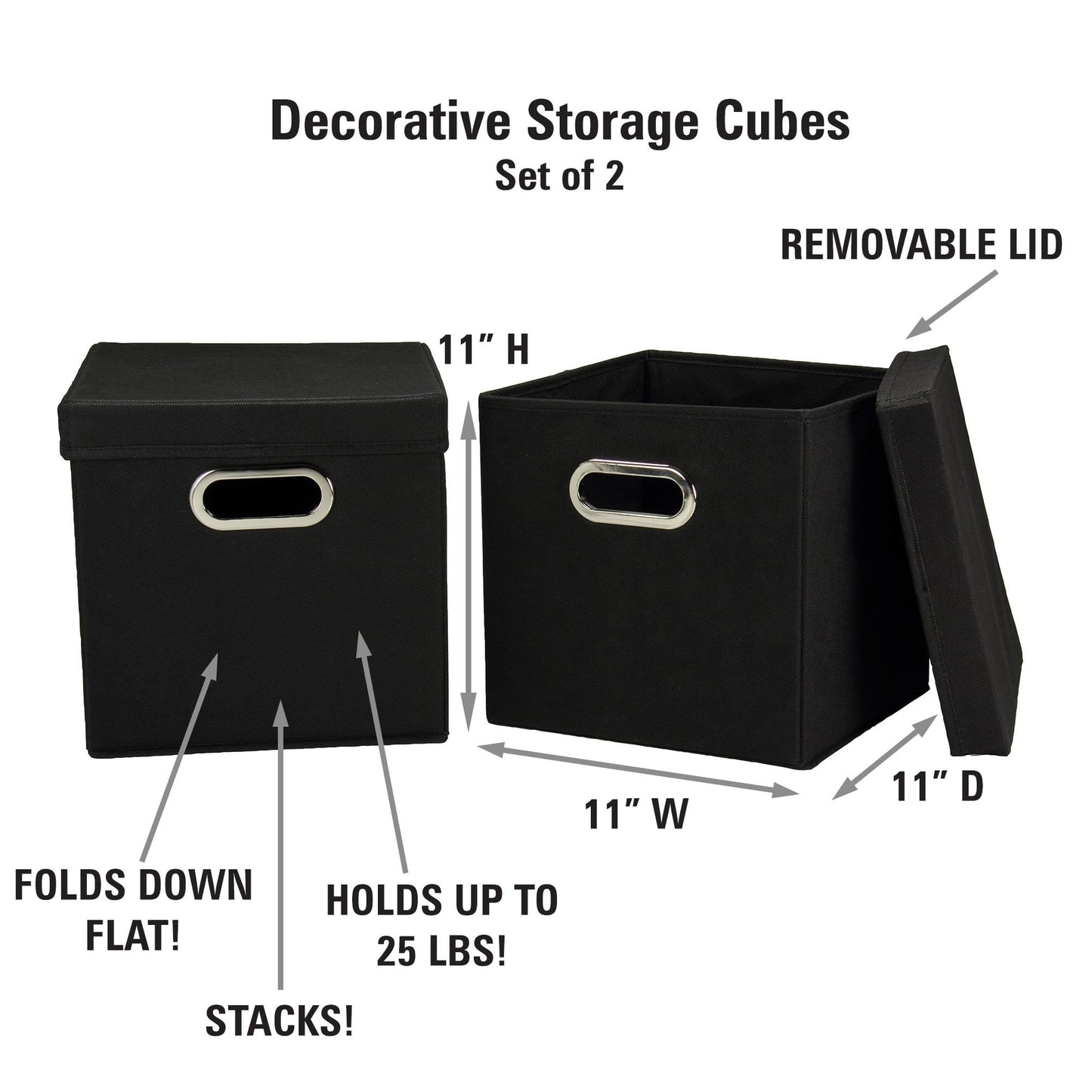 Household Essentials 34-1 Decorative Storage Cube Set with Removable Lids | Black | 2-Pack