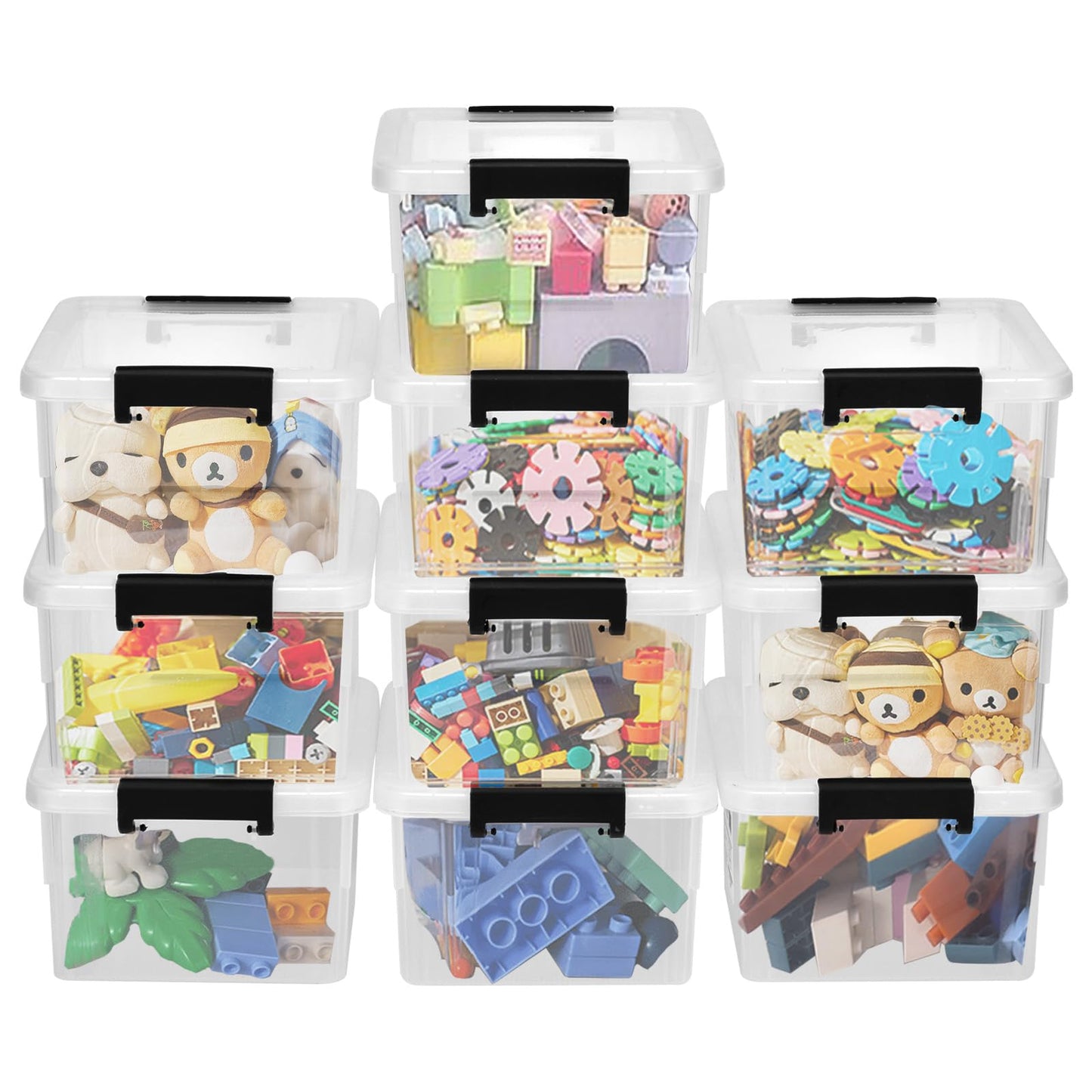 Queta 10 Pack Storage Boxes with Lids Plastic Clear Stackable, Box for Shelves Toys, Boxes with Handles, Storage Container with Click Closure, 1 Litre