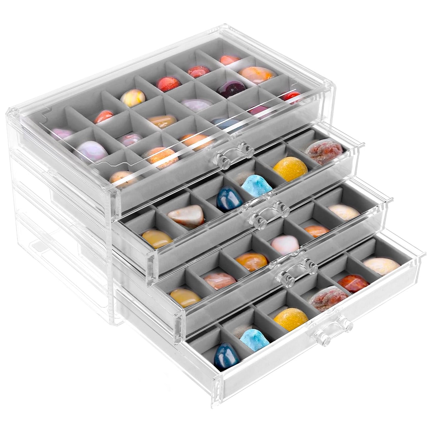 Gatphy Rock Display Case, 4 Drawers Rock Collection Box 72 Grids Rocks Collection Display Case Acrylic Jewelry Box Clear Gemstone Crystals Storage