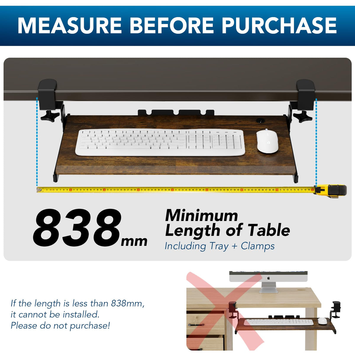 Keyboard Tray Under Desk Pull Out with Extra Sturdy C Clamp Mount System, 694 838 mm Including Clamps x 300 mm Slide-Out Platform Computer Drawer