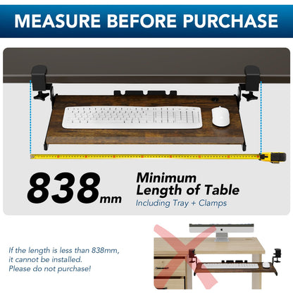 Keyboard Tray Under Desk Pull Out with Extra Sturdy C Clamp Mount System, 694 838 mm Including Clamps x 300 mm Slide-Out Platform Computer Drawer