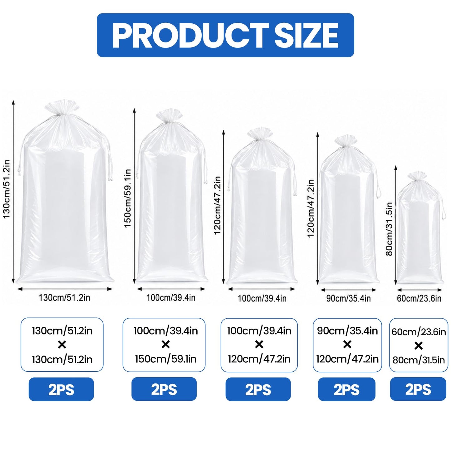 Extra Large Clear Plastic Storage Bags10PCS, 130*130 Etc Size Heavy Duty Waterproof Large Plastic Bags 100μm with 6 Cable Ties, 4 Straps