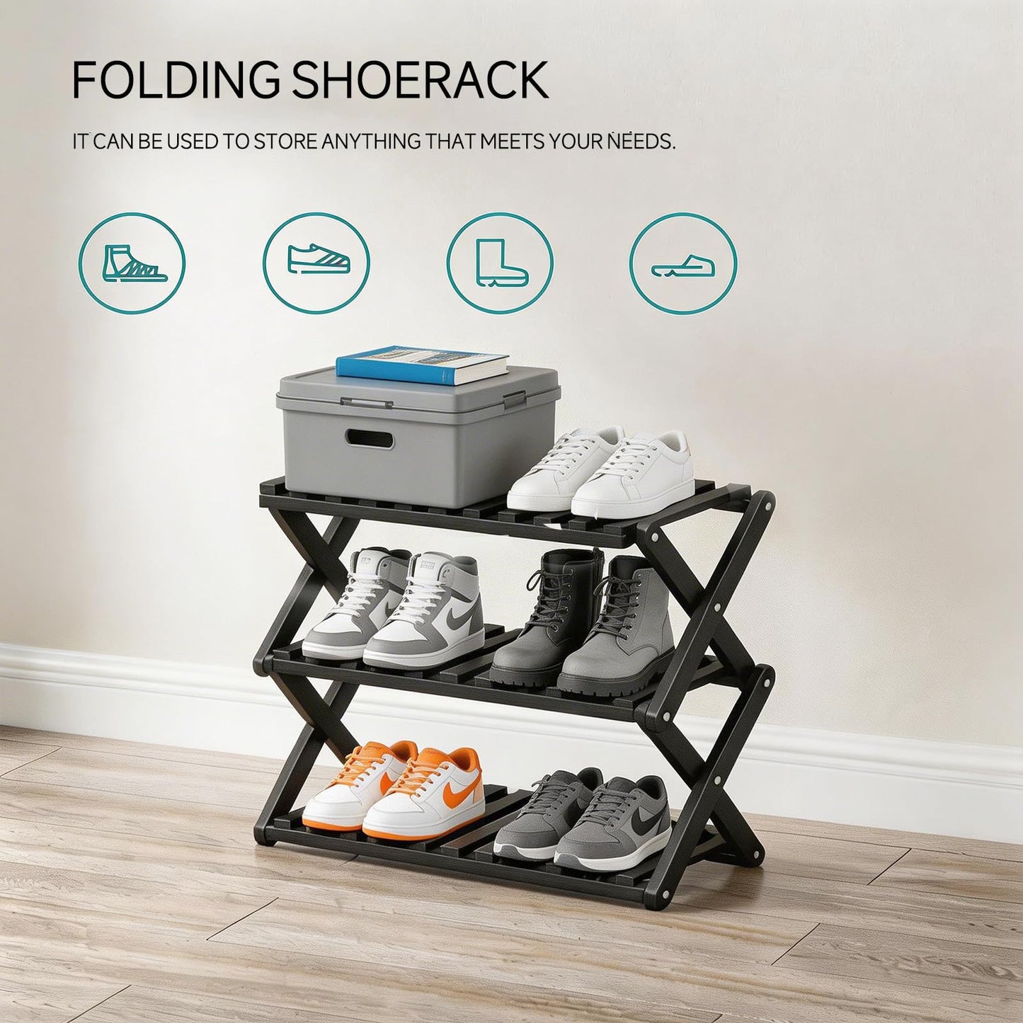 Momleix Folding Shoe Rack Black, 3 Tier Shoe Shelf Without Installation, Sturdy Bamboo Storage Organiser for Entryway Closet and Small Spaces