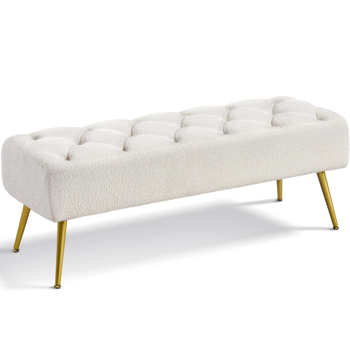 Yaheetech Modern Boucle Ottoman Footstool Bench with Gold Metal Legs, Ivory