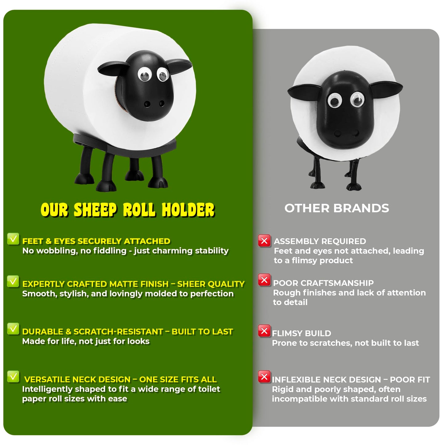 VELENTI Sheep Toilet Roll Holder - Funny Toilet Paper Holder Free Standing Bathroom Set - 3D Printed Black Sheep Loo Roll Holder