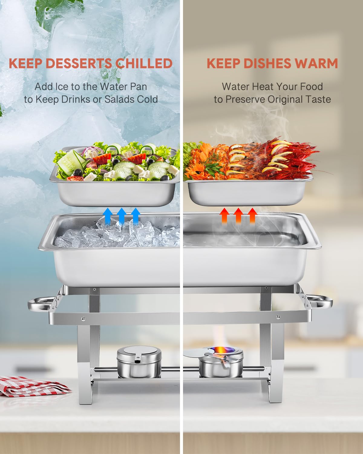 WILPREP Chafing Dish Buffet Set, 2 Pack 9L Chafers for Catering with 4 Half Size Food Pans Fuel Holders 2 Lids Foldable Frames, Stainless Steel Food