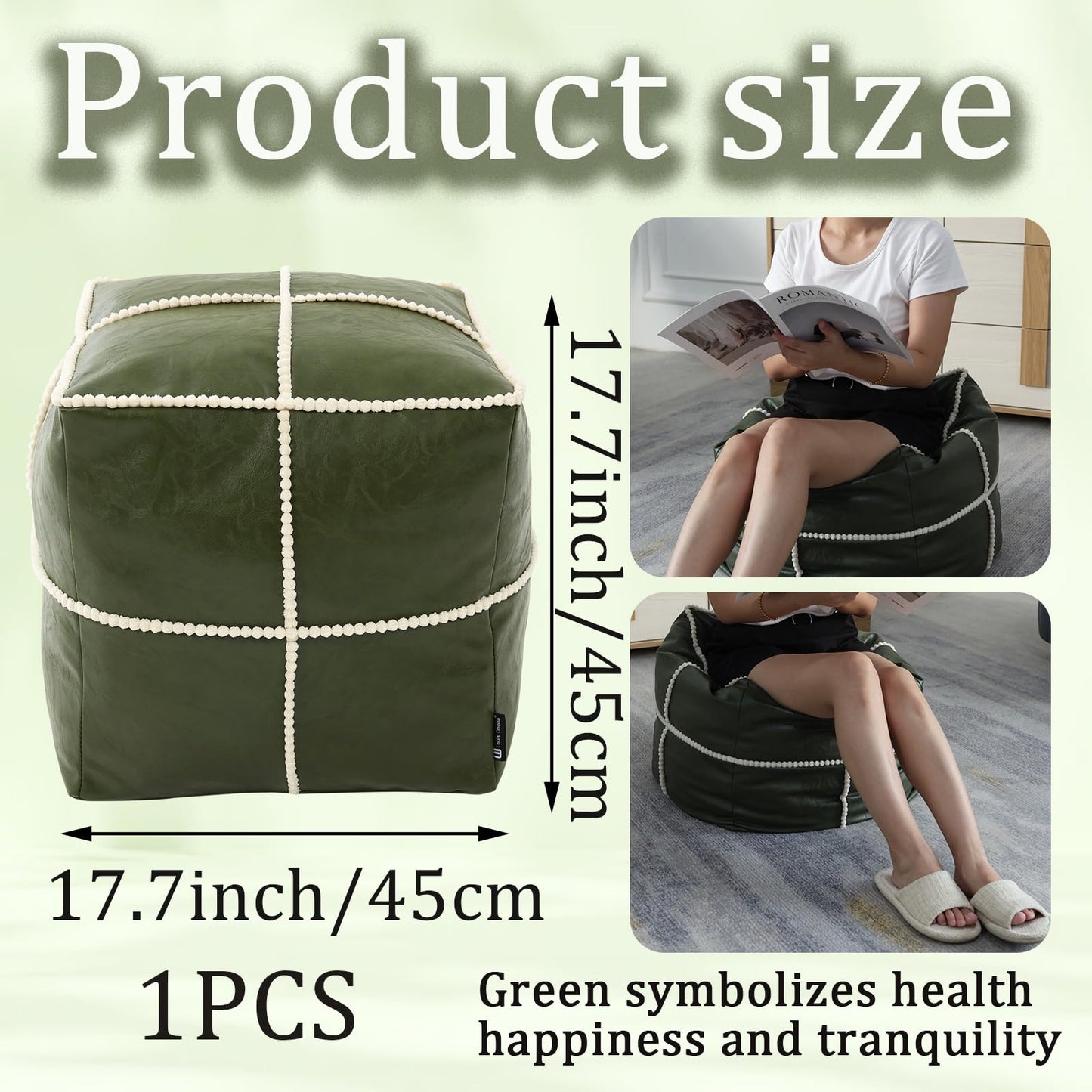 Louis Donné Unstuffed 17.7" Square Ottoman Pouf Cover, Waterproof Faux Leather Floor Footrest, Storage-Friendly for Living Room Bedroom Office Chair