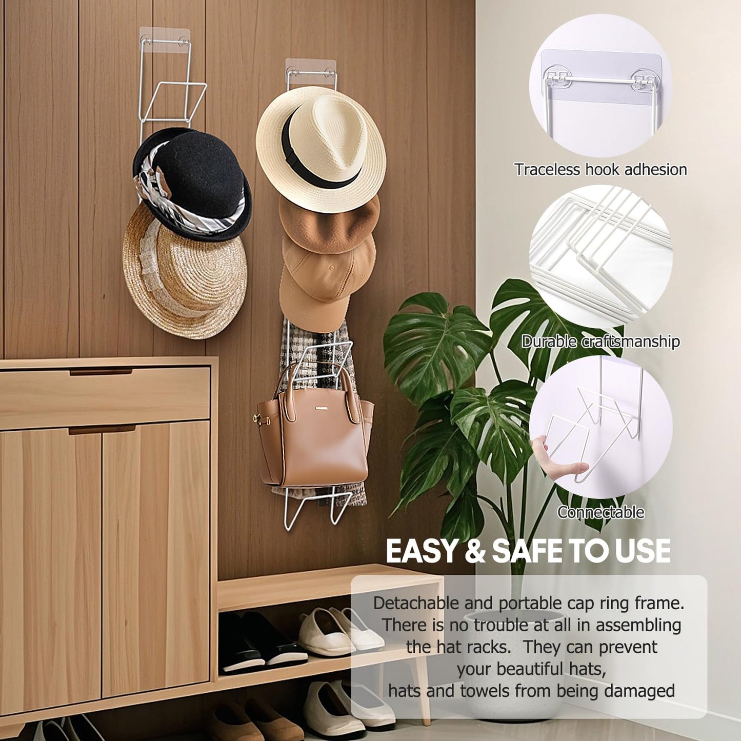 Jcocylse Set of 12 Cap Holders with 2 Hooks - Cap Holder Wall for Baseball Caps, Scarves & Wigs - Multifunctional for Door, Cupboard & Wall