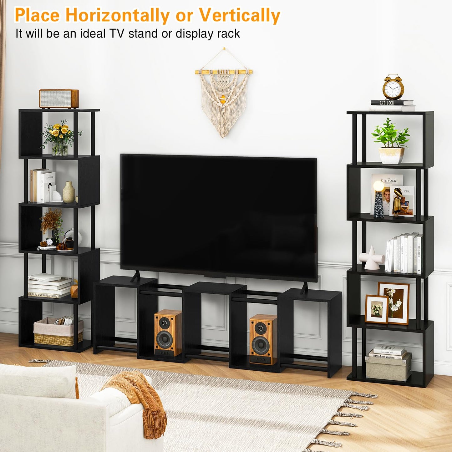 IBUYKE 6-Tier Tall Bookshelf,S-Shaped Geometric Bookcase,Black WBC016B