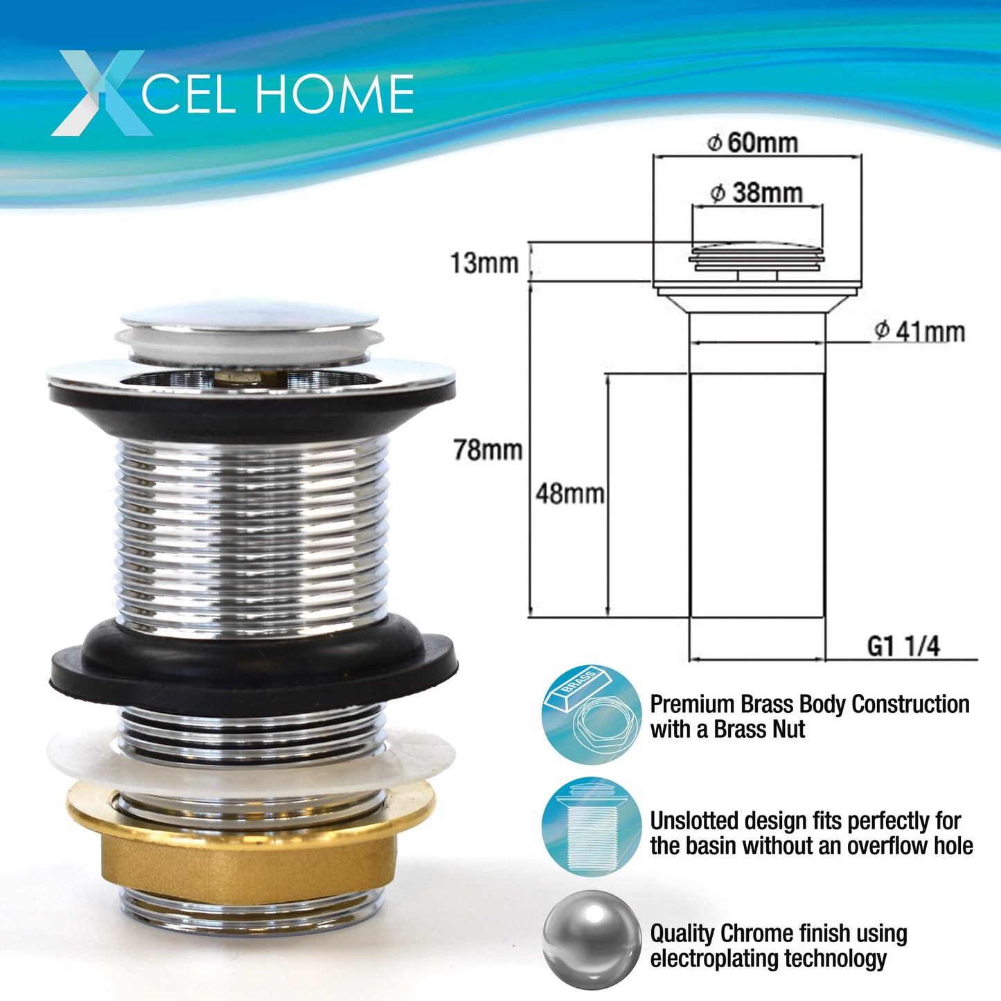 Xcel Home Unslotted Chrome Silver Click Clack Basin Waste, Durable Brass Pop-Up Sink Plug Replacement