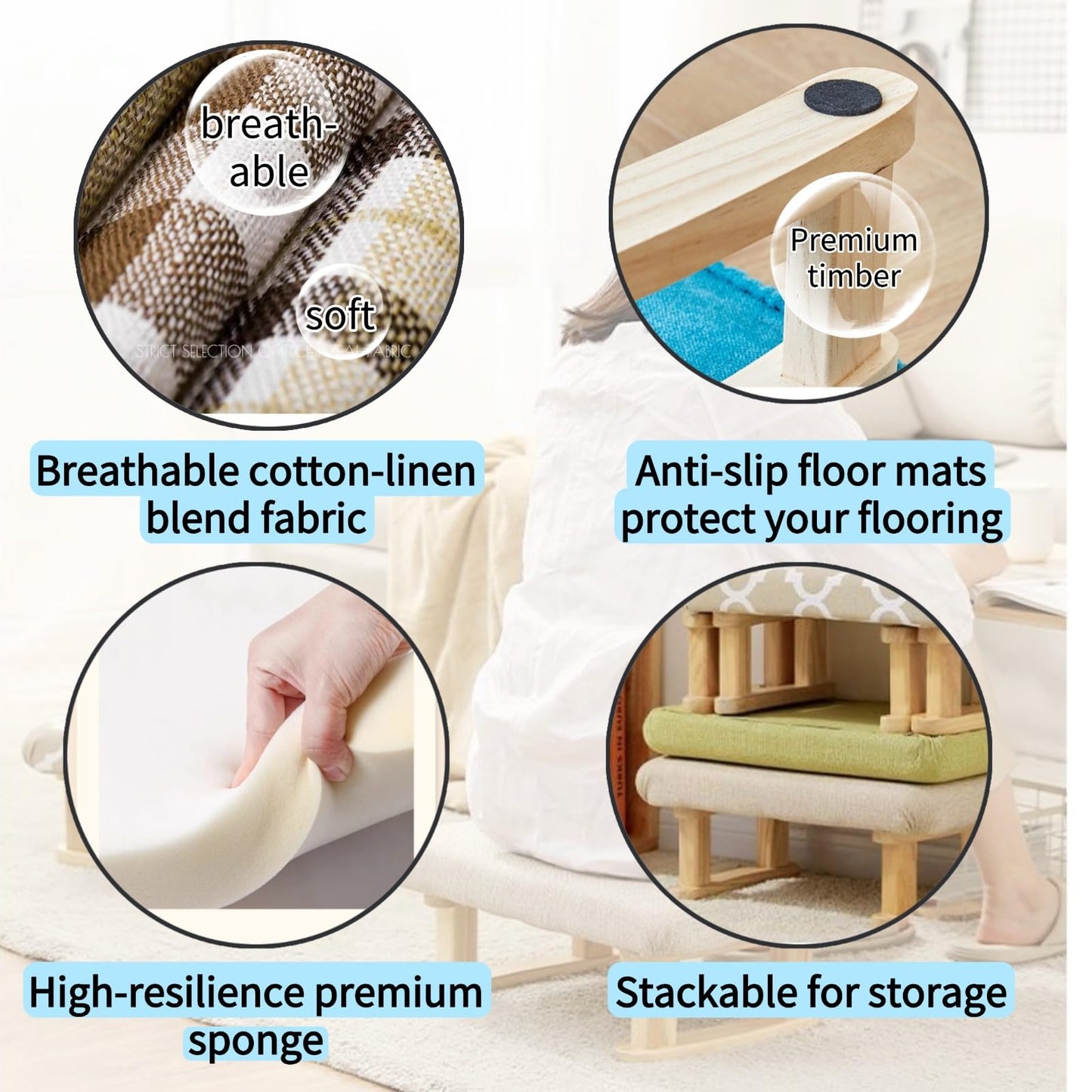 Small Footstool Ottoman, Removable Cover Fabric Foot Stool Rest with Wooden Legs and Non-Slip Soft Padding, Modern Footstools Step for Couch, Desk