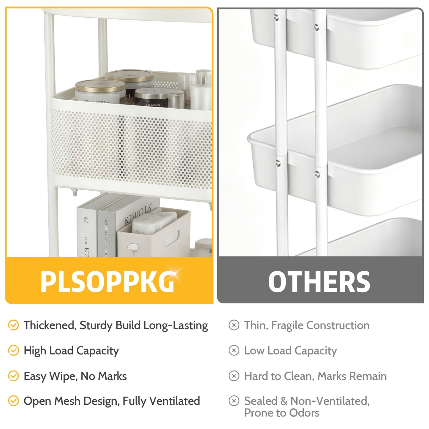 PLSOPPKG 3 Tier Rolling Cart, Metal Utility Storage Carts with Wheels, Craft Cart Organizer, Mesh Basket for Bedside Kitchen Office Art, Milky White