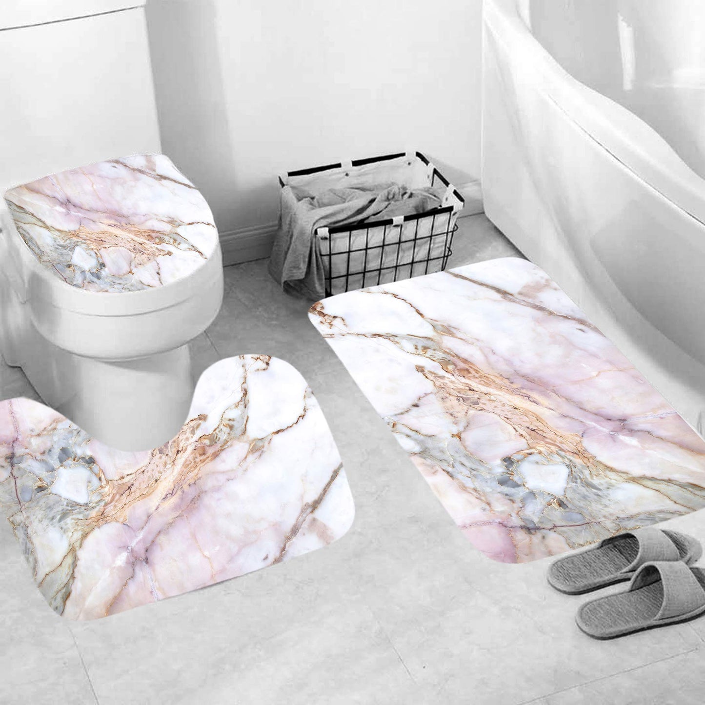 YULUOSHA 4 Pcs Marble Texture Shower Curtain Set with Non-Slip Rugs, Toilet Lid Cover and Bath Mat Natural Marble Abstract Shower Curtain Bathroom
