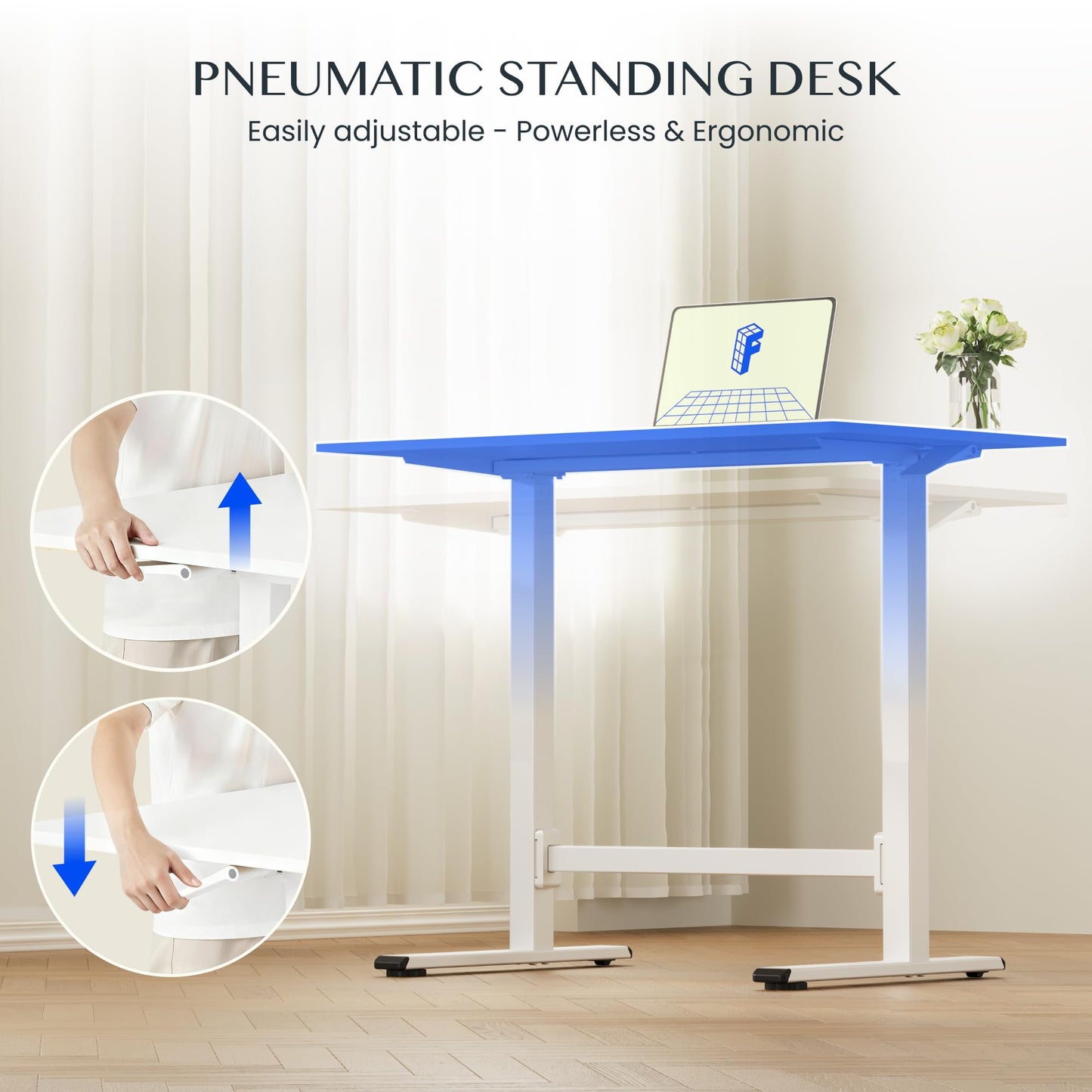 FLEXISPOT No-Electric Pneumatic Standing Desk with Wheels, Height Adjustable Rolling Laptop Table, Mobile Bedside Workstation, 100×60 cm White