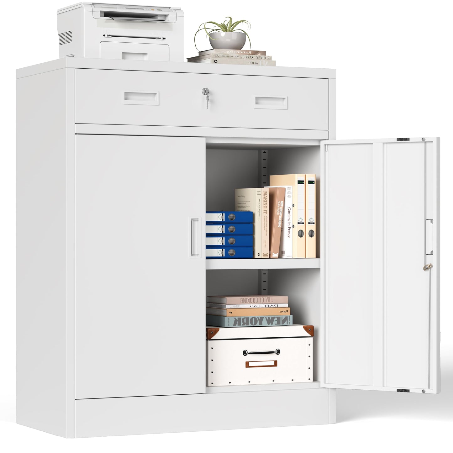 Metal Storage Cabinet, 90cm Locking Storage Cabinet with Doors, Steel Storage Cabinet with 1 Drawer and Adjustable Shelf for Garage, Home, Office