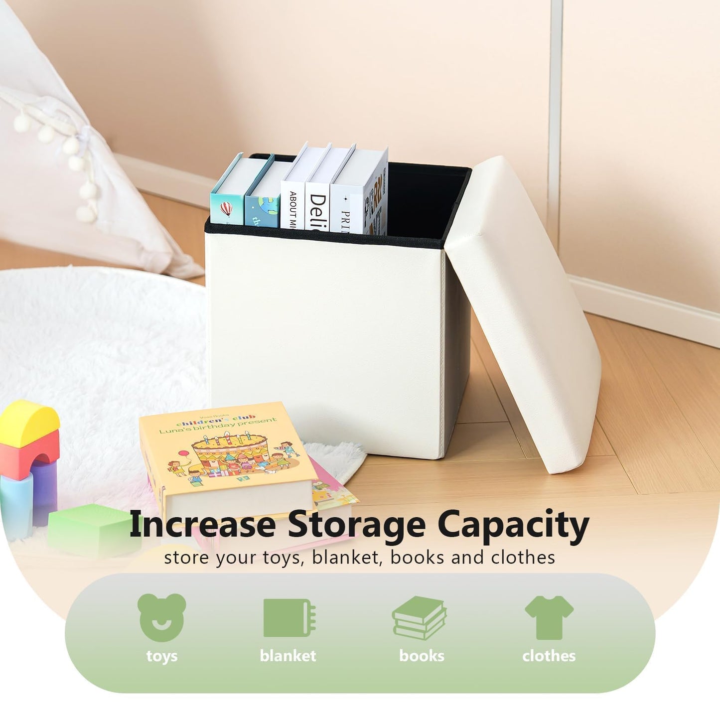 Bonlife Beige Faux Leather Small Ottoman Storage Boxes,Folding Toy Chest Foot Rest with Storage,Toy Cheat Boxes for Kids,Footstool for Living