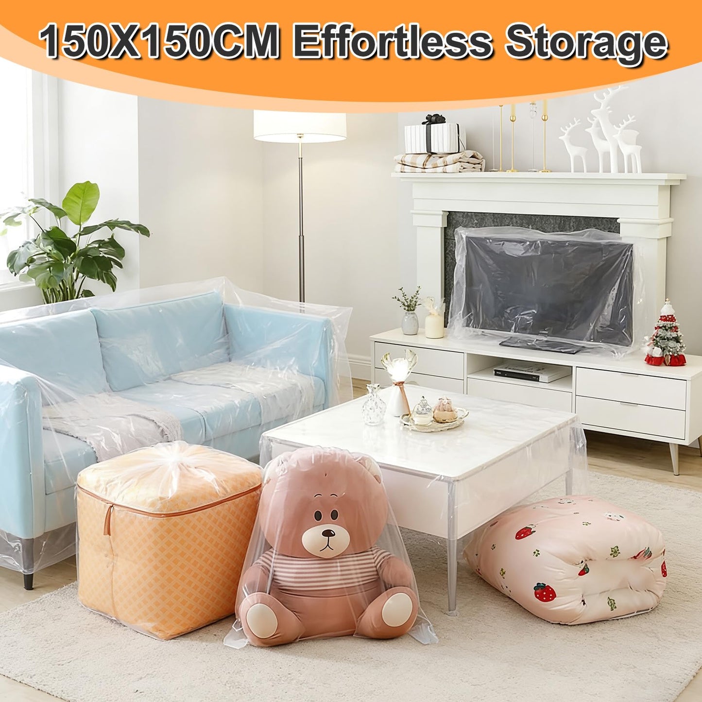 GESDYO 5PCS Extra Large Clear Plastic Storage Bags 150x150cm Heavy Duty Waterproof Jumbo Suitcase Bags for Clothes, Furniture, Luggage, Quilts