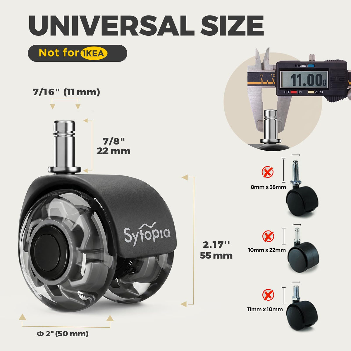 Sytopia Office Chair Wheels With 11×22mm Pin, Universal Fit 2-Inch Castors Replacement, Dual Wheel Rubber Smooth & Silent Chair Casters Wheels