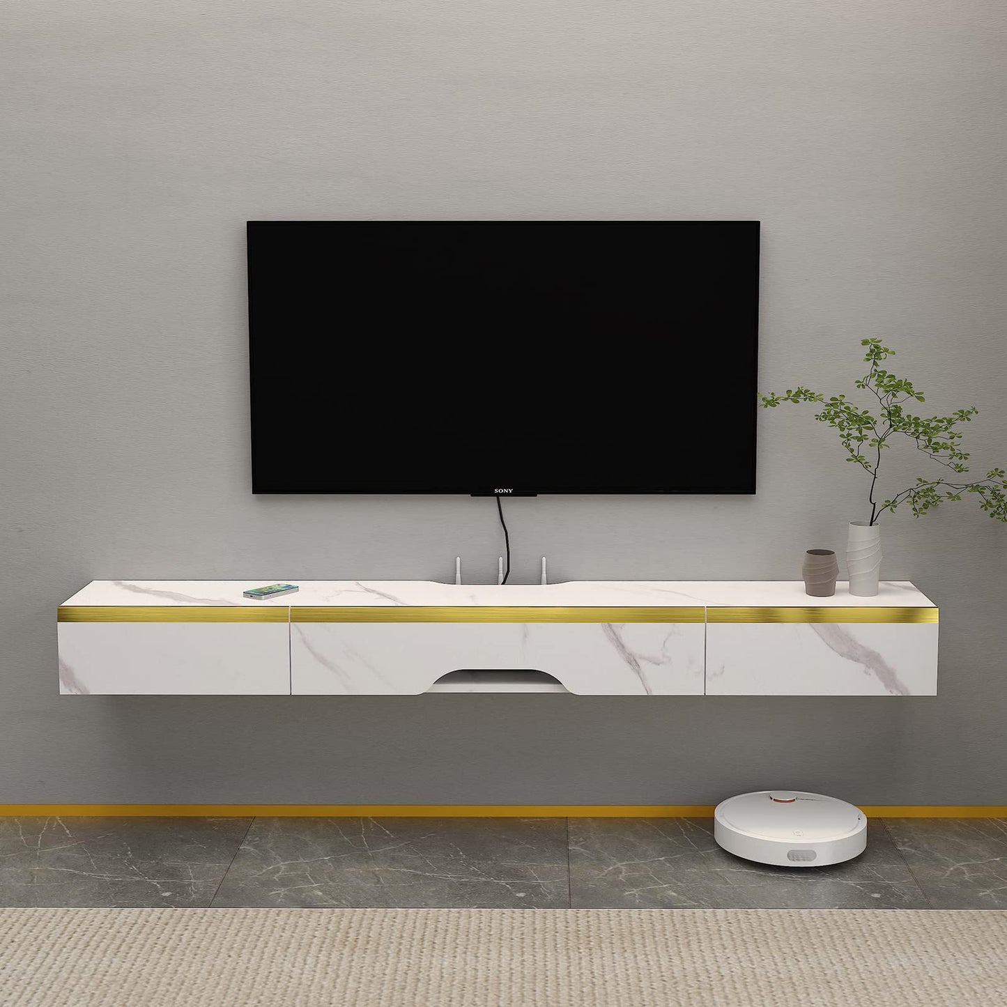 Pmnianhua Floating TV Unit, Wall Mounted TV Cabinet, Floating Shelves with 3 Doors