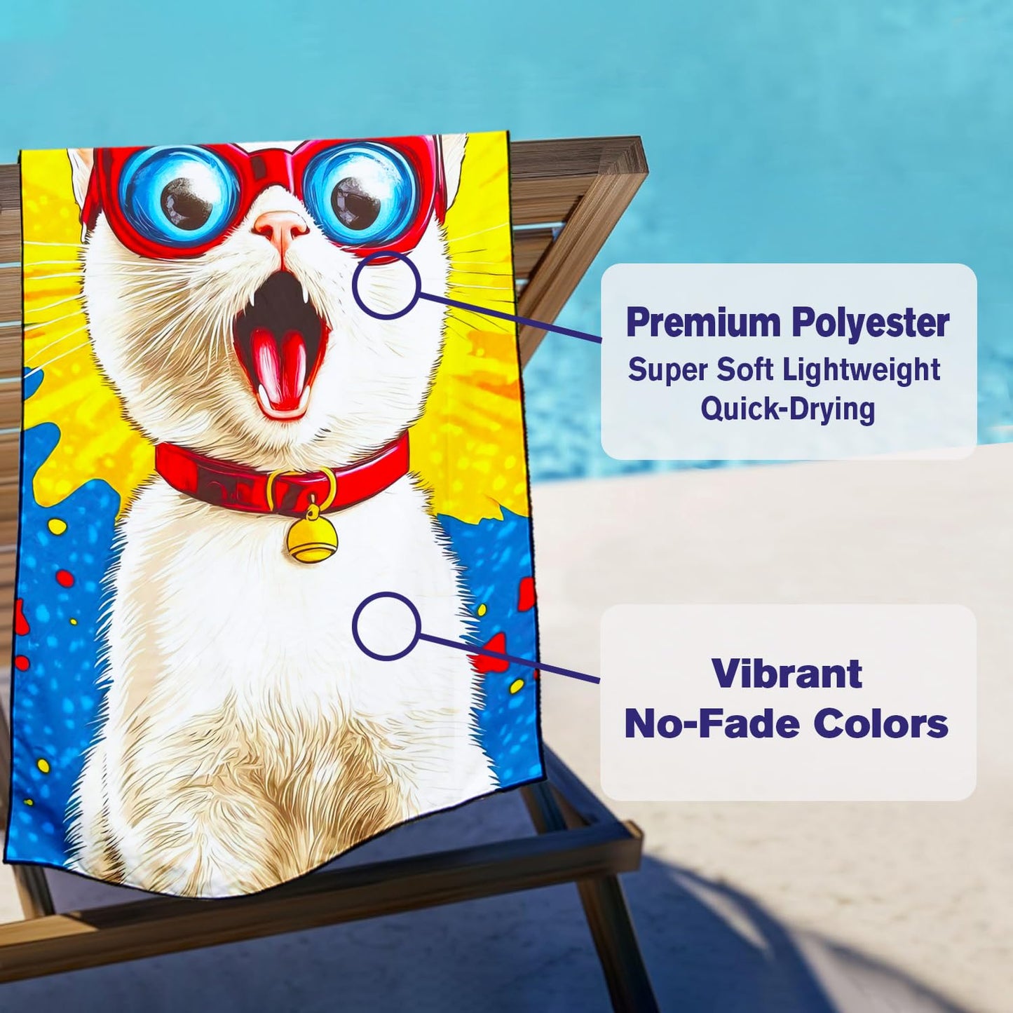 Violetpos Comic Style Glasses White Cat Beach Towel for Kitty Lovers, Extra Large 180x90 cm 250GSM Microfibre, Sand Free Quick Dry