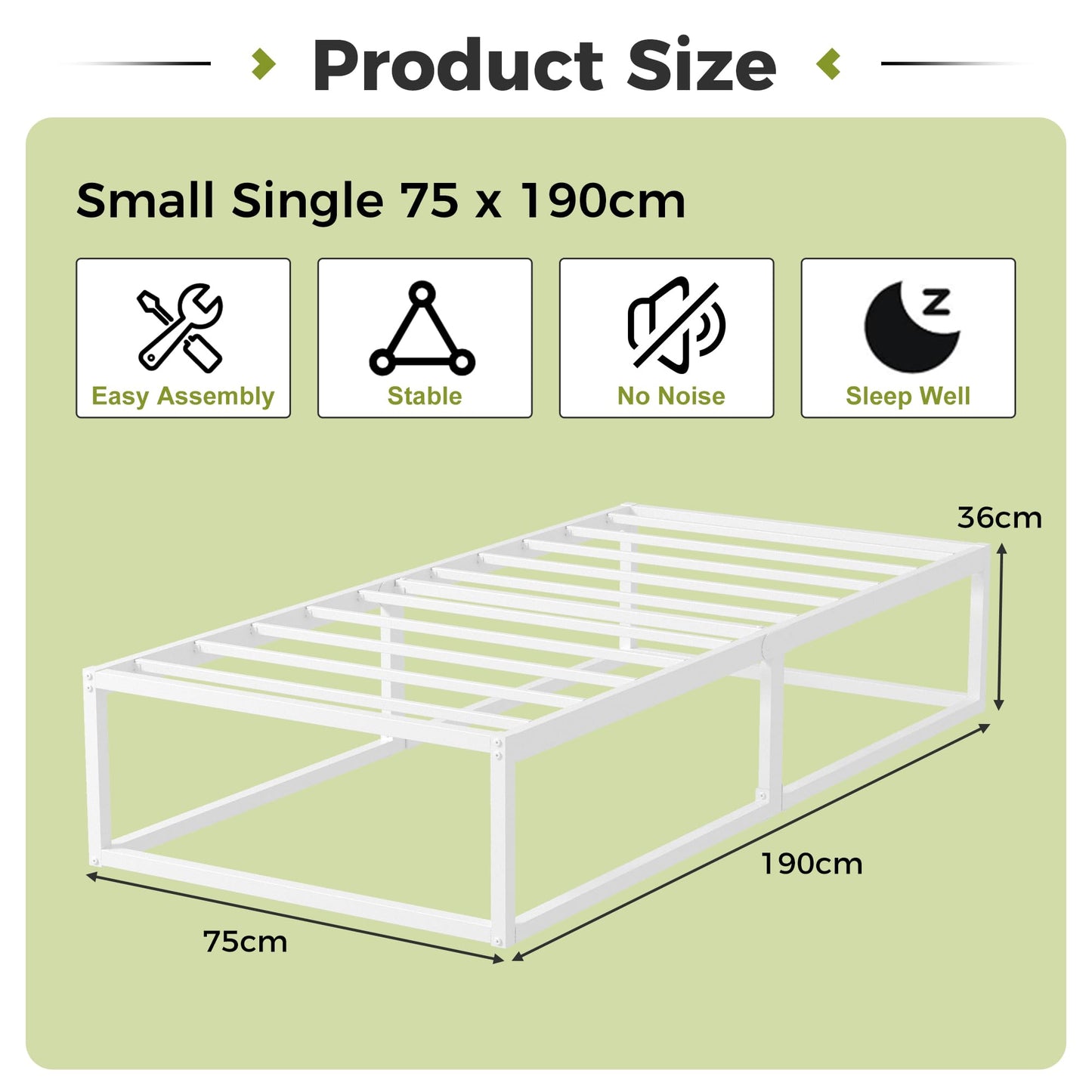 EMODA Small Single Bed Frame 36cm High with Steel Slats Support, White