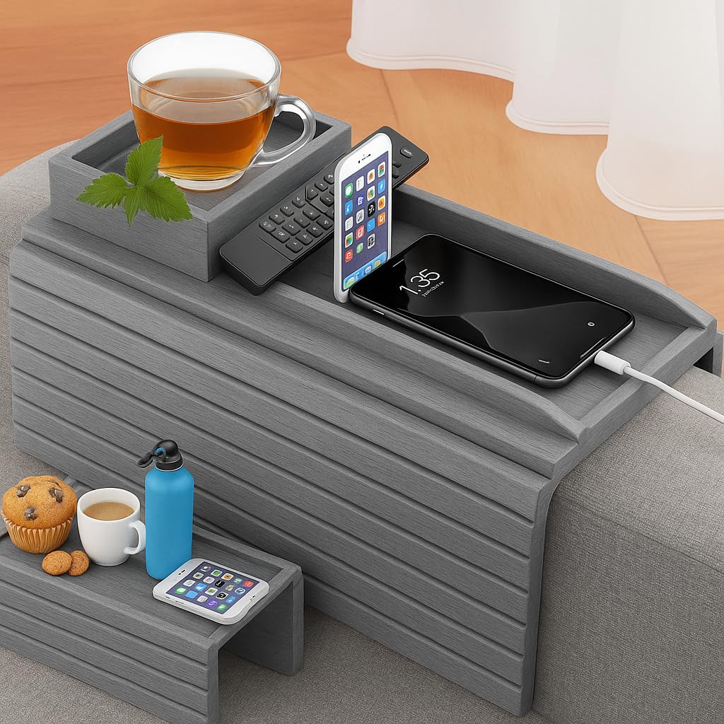 Naturebuz 2-in-1 Wooden Sofa Tray Table with Detachable Tray Bamboo Armrest Table Non-Slip fCups, Remotes, Bottles, Food, Drinks and Phones Grey