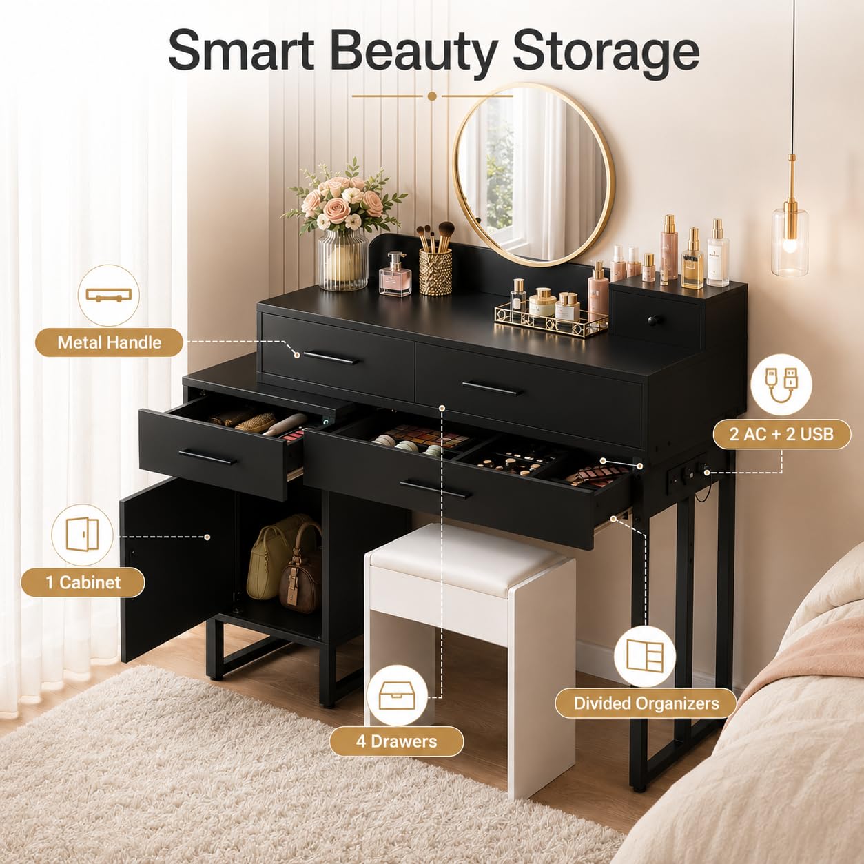iSunirm Black Dressing Table No Mirror, 90 cm Vanity Desk with 4 Drawers, Charging Station & Reversible Cabinet