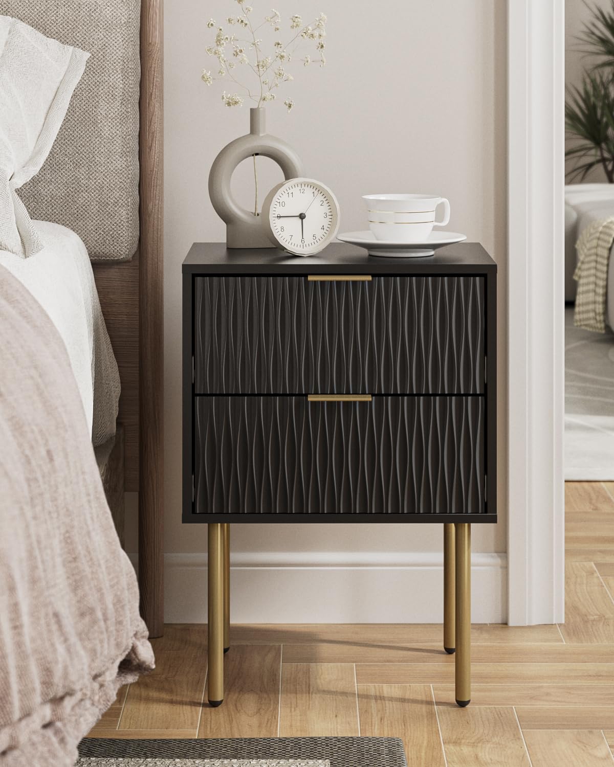 Apetaccat Bedside Table, Fluted Nightstand with 2 Drawers, Modern Bedside Cabniet Wooden, Side Table for Bedroom, Living Room, Black