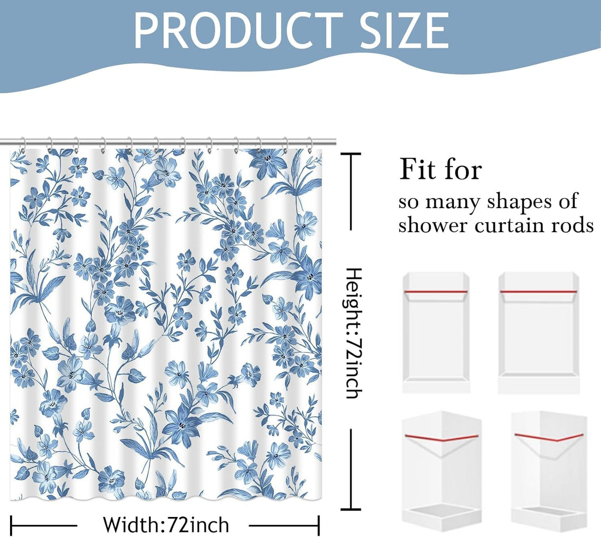 Avezano Floral Shower Curtain Blue Flower Bathroom Shower Curtain Blue Waterproof Fabric Shower Curtains Bathtub Decor with 12 Hooks 72 X 72 Inches