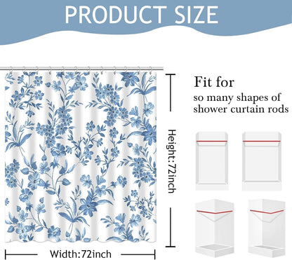 Avezano Floral Shower Curtain Blue Flower Bathroom Shower Curtain Blue Waterproof Fabric Shower Curtains Bathtub Decor with 12 Hooks 72 X 72 Inches