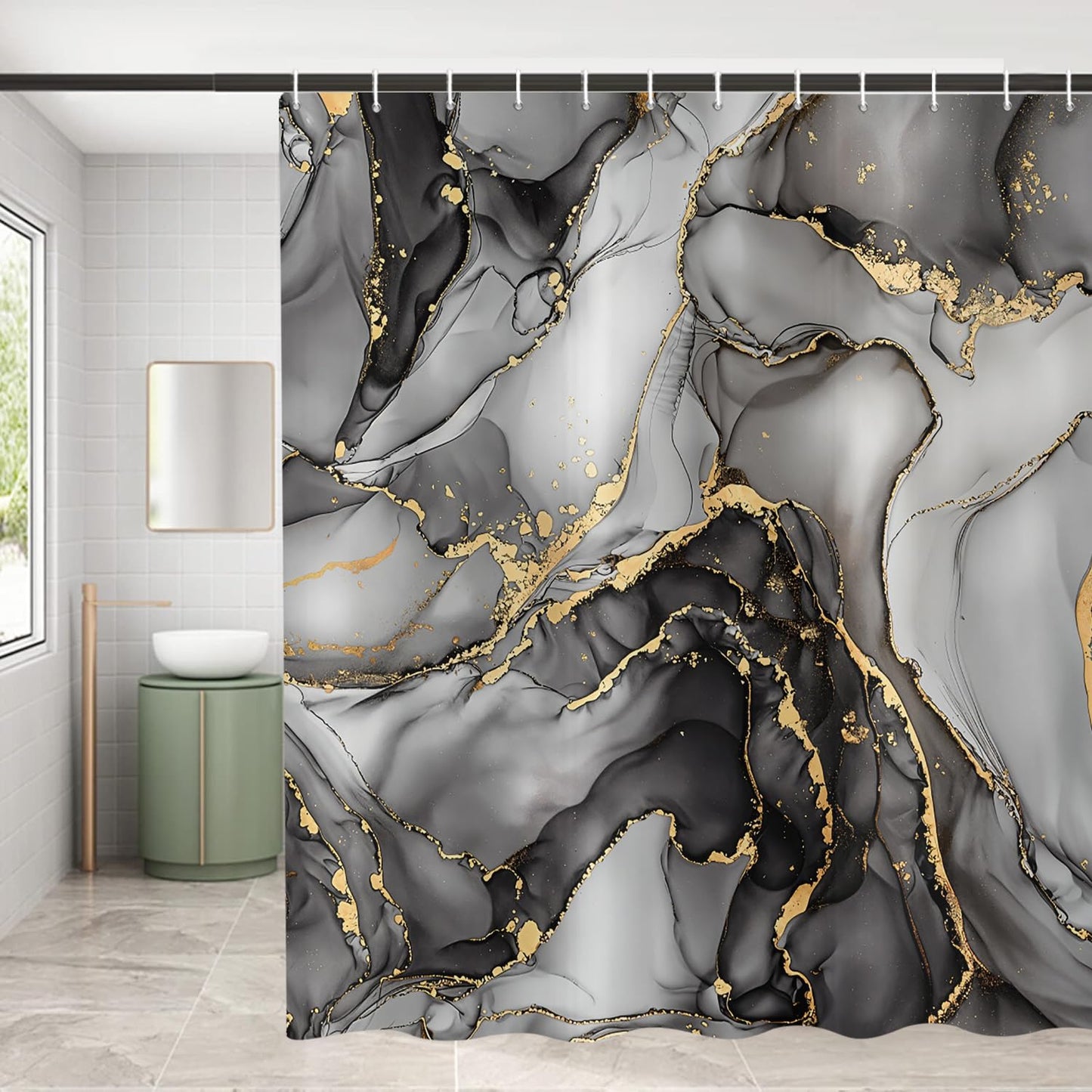 ASDCXZ Black Marble Shower Curtain 180x200 cm, Modern Abstract Art Gray Black Gold Marble Optics Texture Waterproof Bath Curtain Polyester Textile