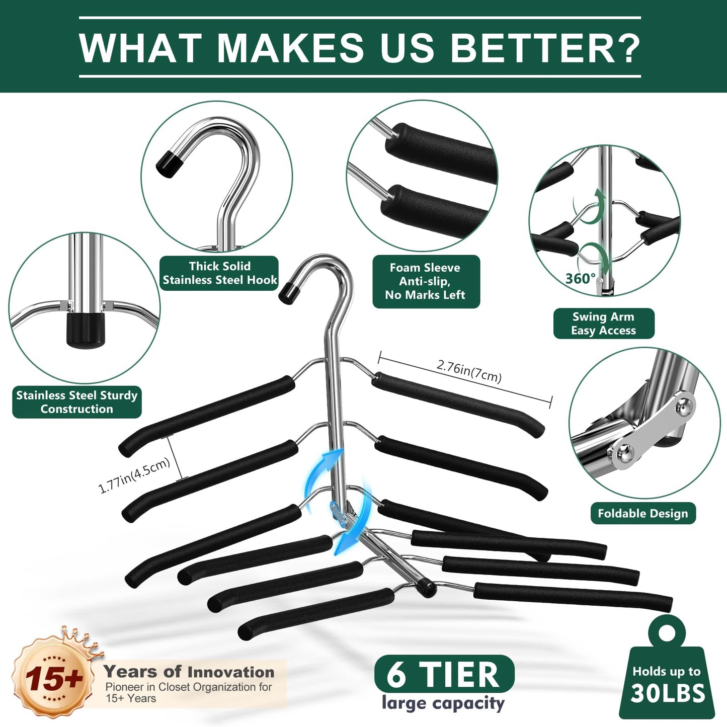 DOIOWN Space Saving 6 Tier Coat Hangers: Non Slip Foam Padded, Black, Stainless Steel & EVA, 3 Pack, Up to 30 lbs, Perfect for Men, Women & Kids