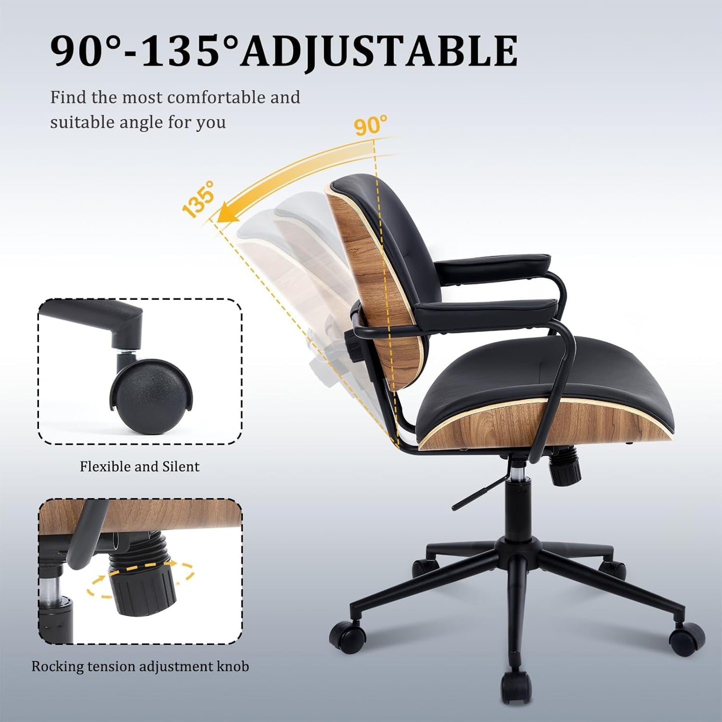 BERYTH Office Computer Desk Chair Mid Century Modern Office Chair Swivel Rolling Task Chair with Armrests and Walnut Back, Adjustable