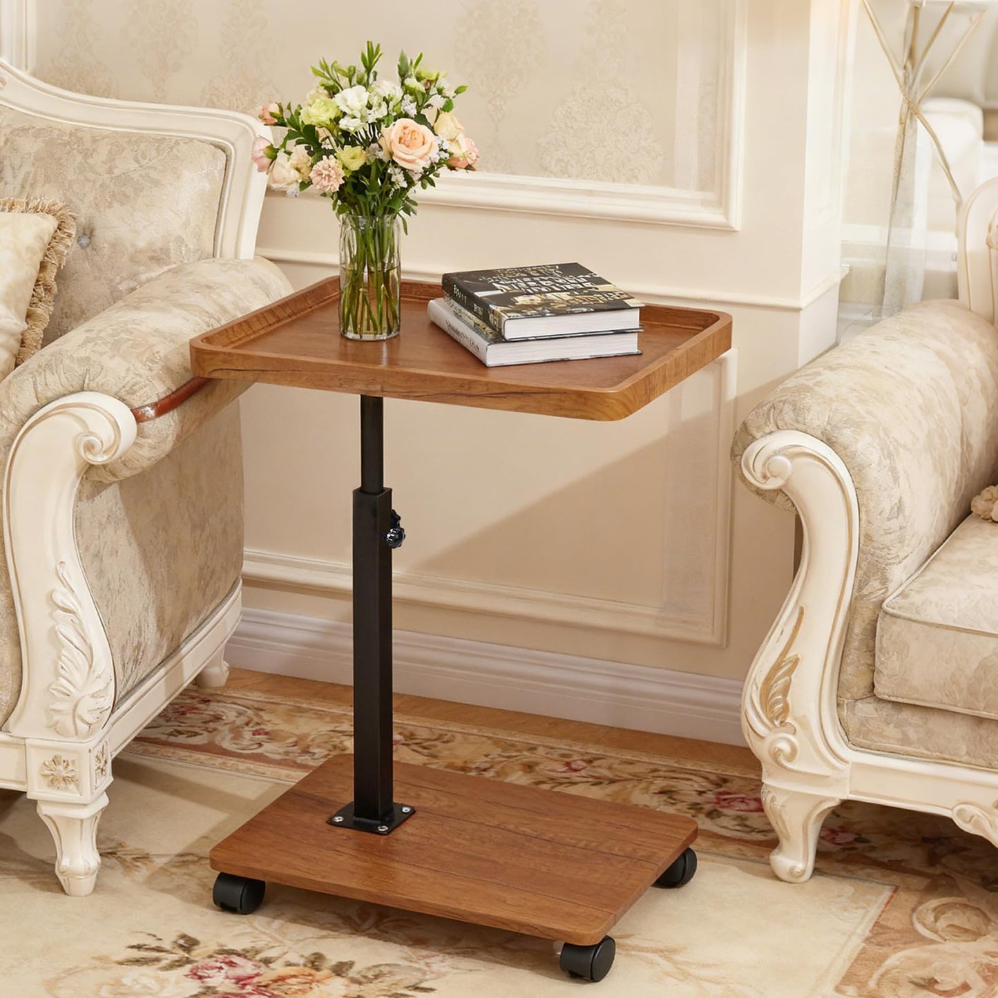 XUDREZ Adjustable Side Table, C Shaped Small Table with 4 Wheels 364° Swivel Tray, End Table for Living Room Bedroom Sofa Small Spaces (Wood color)