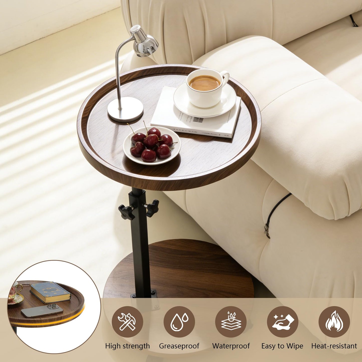 YYW C Shaped End Table Adjustable Height, Couch Tables That Slide Under for Small Spaces, 360°Swivel TV Tray Table
