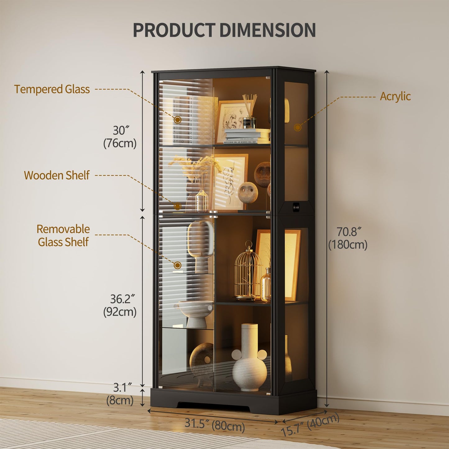 5-Tier Glass Display Cabinets with 3-Color Lighting, Lock & Human Sensor
