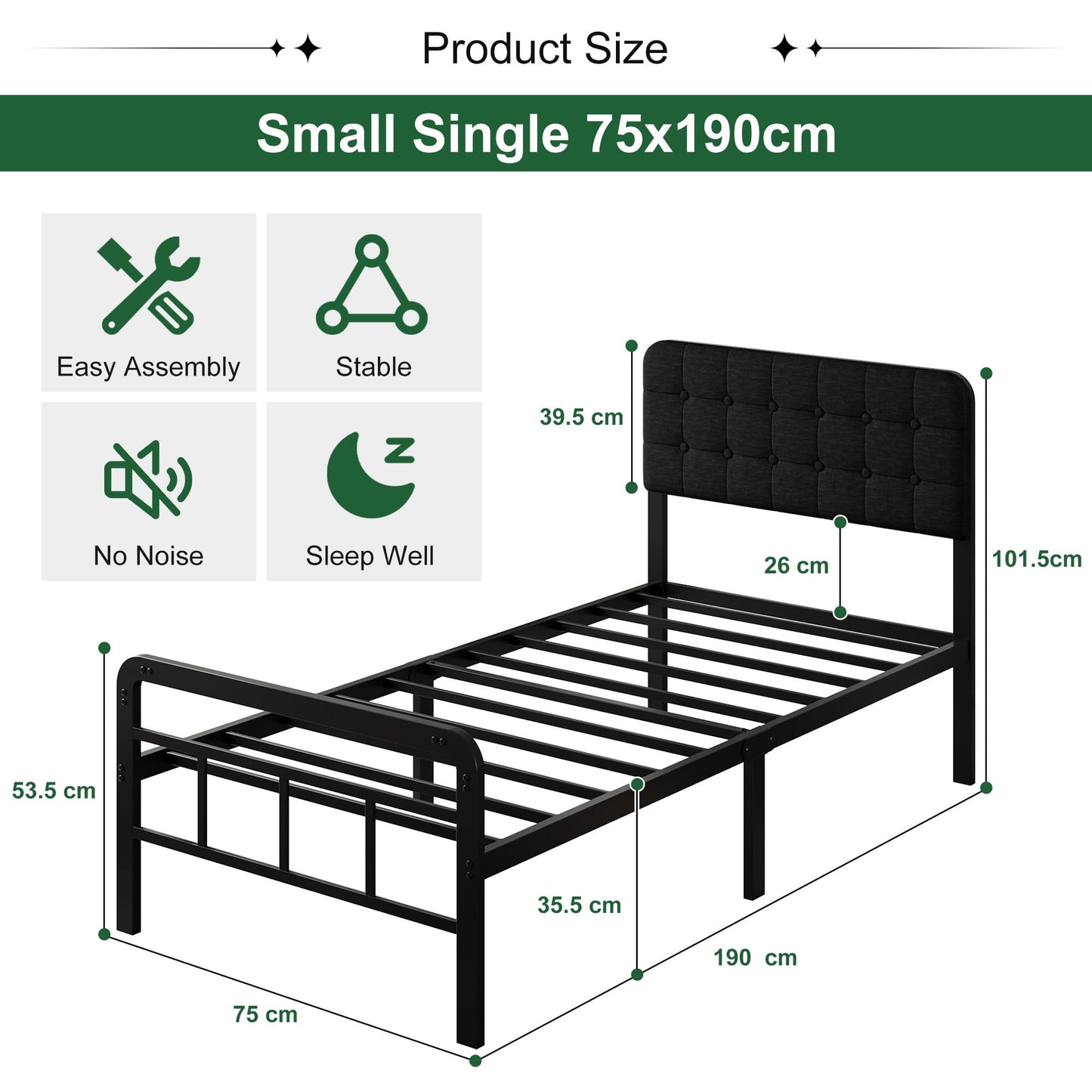 EMODA Small Single Bed Frame with Upholstered Headboard and Footboard,