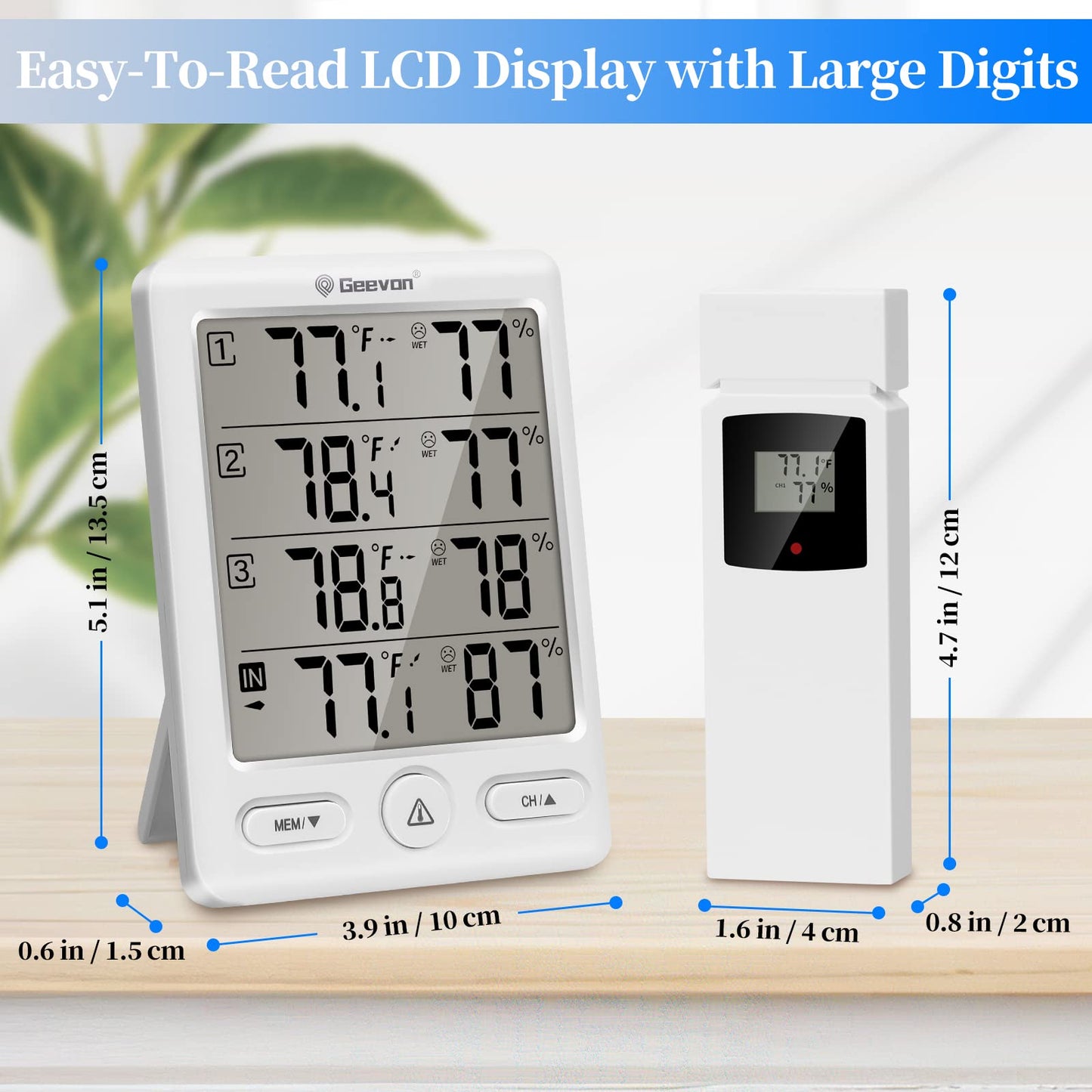 Geevon Indoor Outdoor Thermometer Wireless with 3 Remote Sensors, Digital Hygrometer Indoor Thermometer, Temperature Humidity Monitor Gauge with