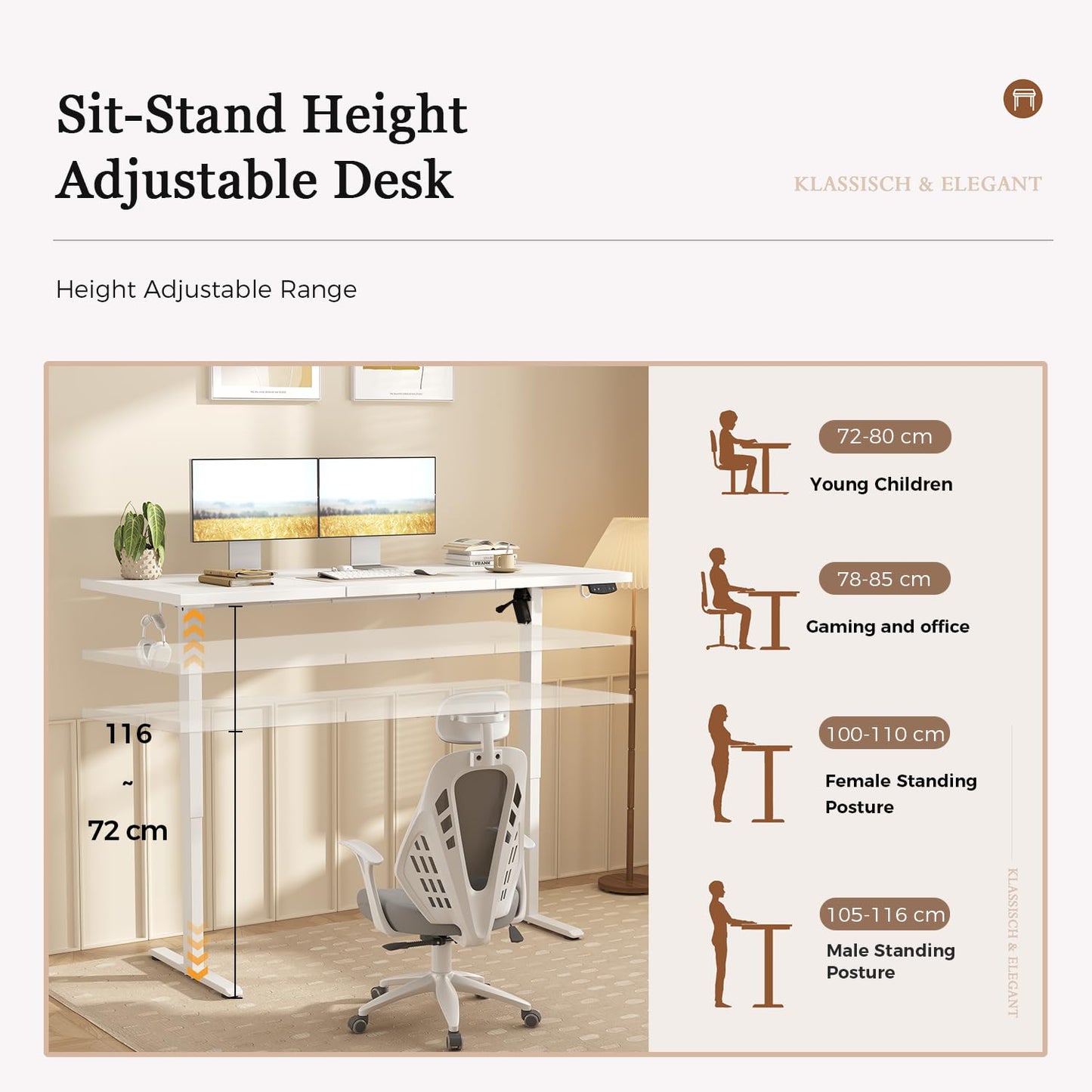 Klicelor Electric Standing Desk, 2 Memory Buttons for stand & sit, 160x60