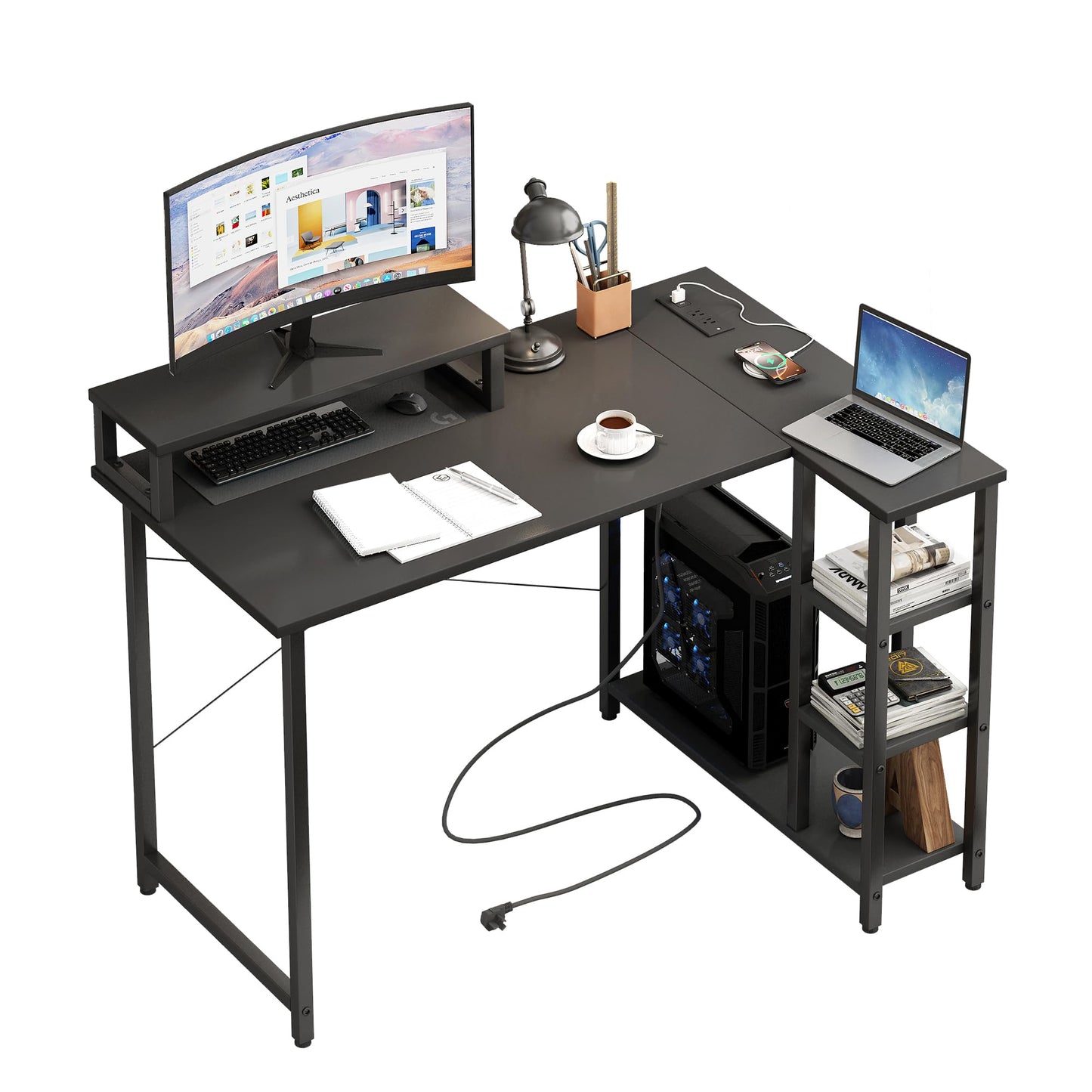 HIHOBDAY L Shaped Gaming Desk 100x70cm, Corner Desk with Monitor Riser, Built-in Power Strip & USB, Headphone Hooks, Multi-Tier Storage Shelves